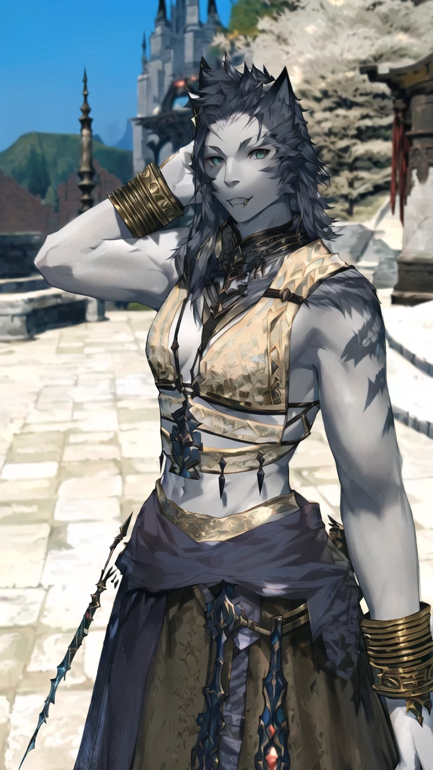 Hrothgar Final fantasy 14, feminine, pale grey skin