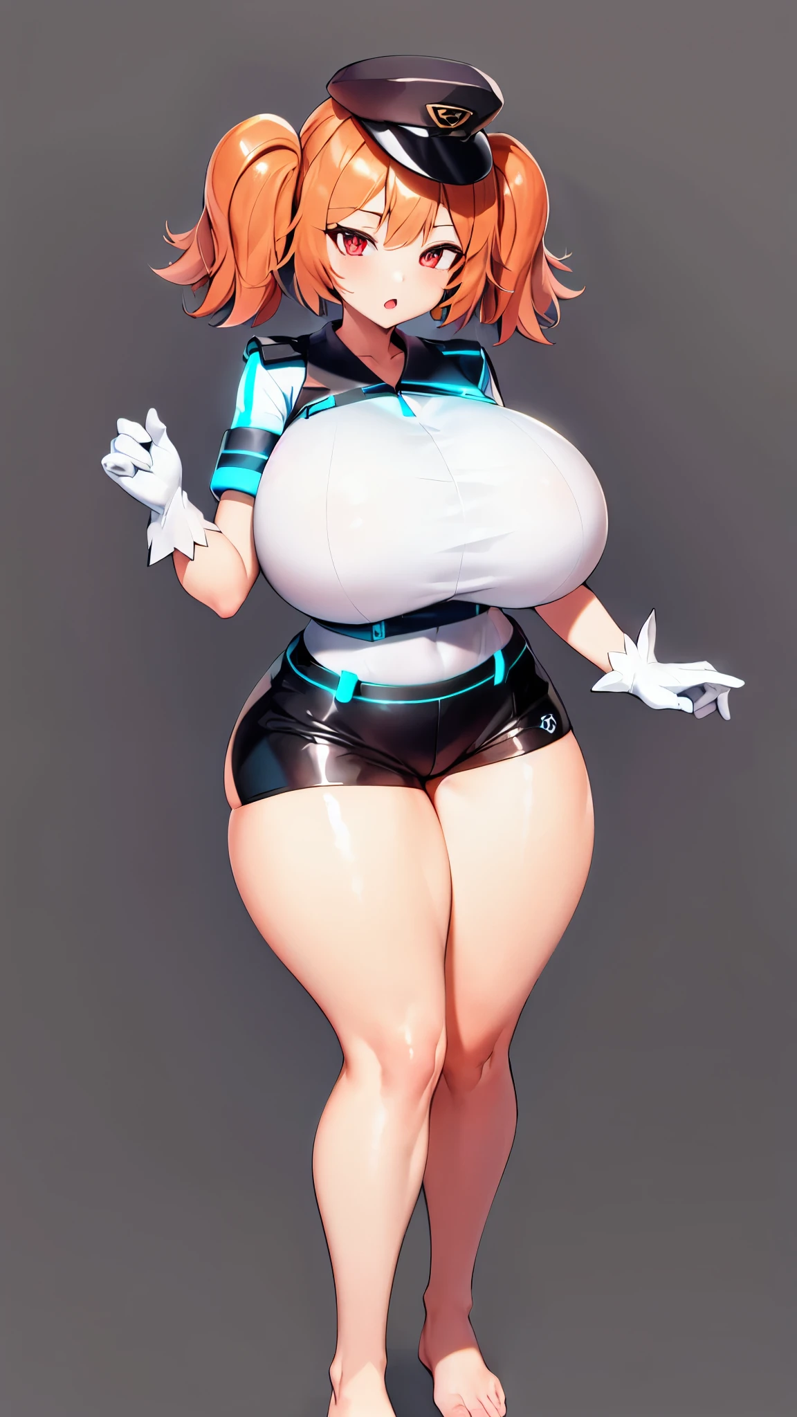 One girl, solo, Huge breasts, narrow waist, Red eyes,Cerberus_(base), Official Alternative Costumes, shiny skin, oily skin, gloves, (simple Background:1.6), white gloves,Both sides up, Short shorts, police, police uniform, Black shorts, policewoman, Garrison Cap, ((Thick thighs, Voluptuous thighs)), full body, feet, (from side:0.7),