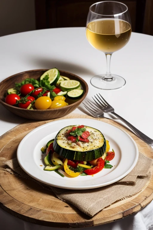 Por favor, generate a realistic image of a typical French Ratatouille dish, artistically arranged on a white plate. The image should capture the essence and details of the food, with vibrant colors of vegetables (Eggplant, zucchini, tomato, bell pepper, onion) arranged in circular layers. The dish should be on a rustic wooden table, with light natural lighting, as if the photo was taken during the day in a charming French kitchen. Also include a linen napkin next to the plate and a silver cutlery partially visible in the photo. The image must have an aesthetic worthy of an Instagram post, showing a dish that has just been prepared and ready to be enjoyed