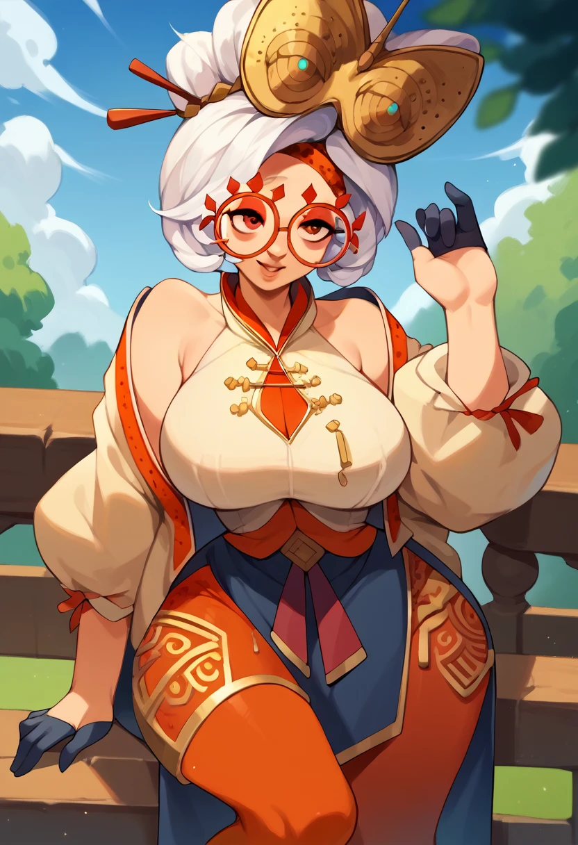 score_9, score_8_up, score_7_up, score_6_up, score_5_up, score_4_up, (source_anime), purah,
1girl, huge breasts, narrow waist, thick thighs, hair ornament, red headband, red glasses, sleeveless shirt, white coat, black skirt, red leggings, gloves, high heels, outdoors, happy,