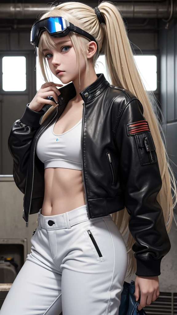 NSFW, Teenage blonde girl, her hair is in lose twin tails, wearing a cropped blue leather jacket, white sports bra, baggy black pants with lots of pockets, goggles on her head, fair skin, covered with dirt and black mechanical grease. Sci fi settings,
