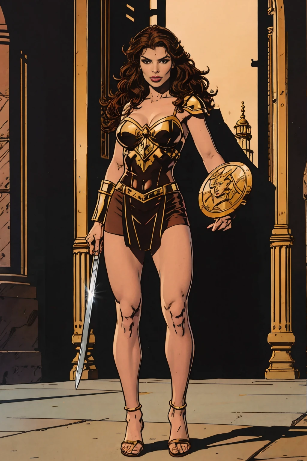 ((full body photo, standing, feet on the ground))1 mature woman, Amazon warrior of themiscera, long curly hair, brown hair, dark brown eyes, thin lips, round face, wearing Greek battle helmet, huge breasts covered by well-protected and imposing Greek Amazon armor holding a short sword and a shield with a lion's head,She's in the coliseum, inside an arena