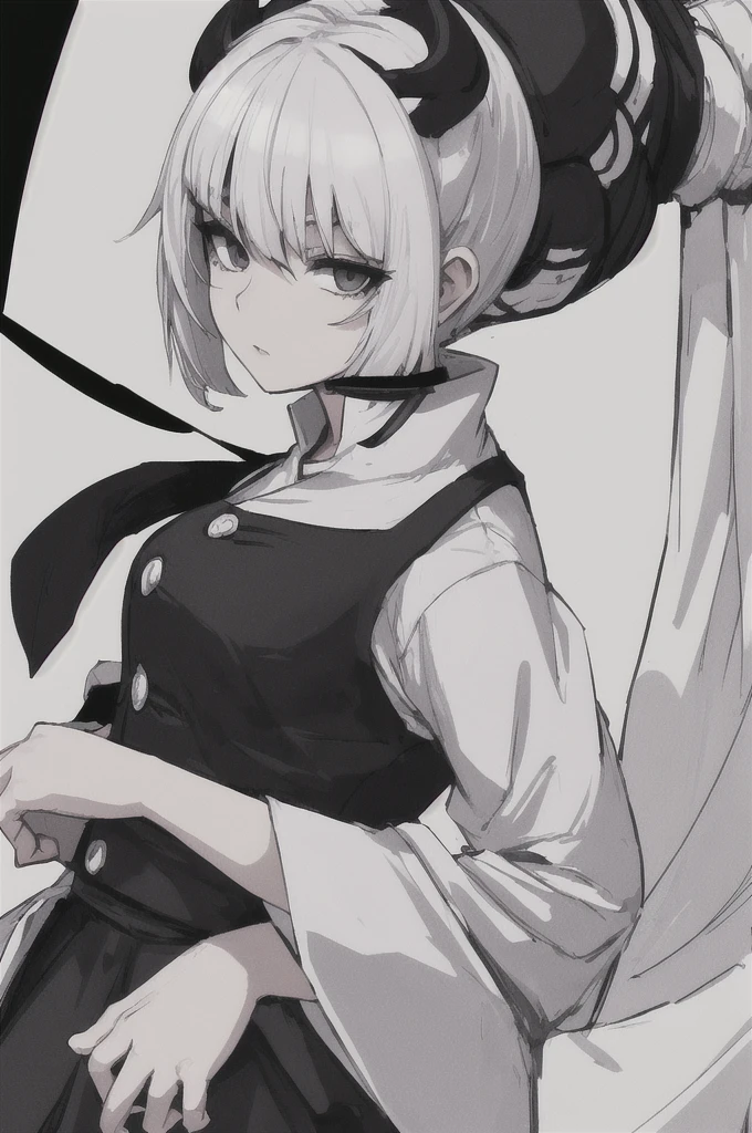 girl with short white hair, white eyes, black and white haori, demon slayer uniform, highly detailed high contrast hd masterpiece of best quality in high resolution