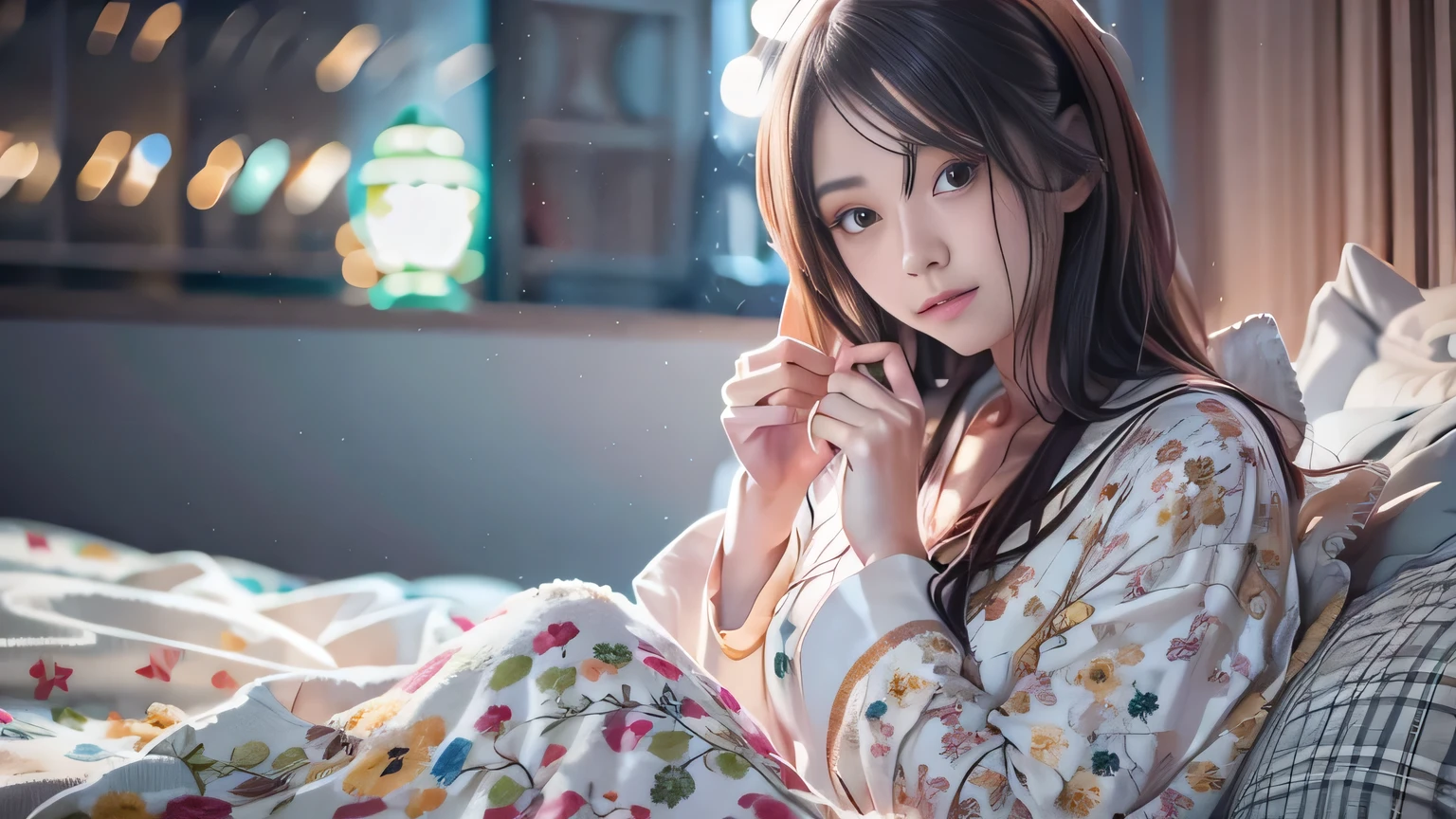Girl in pajamas sitting on bed,Beautiful Japan girl face,Shot with a Canon 5D MK4,((Smooth Hair,Fine hair,Very fine hair)),Slim figure,Highly detailed eyes and face、Beautiful and fine details,tsurime,Cool Color Makeup,Shine,According to II,Lens flare,sharp,