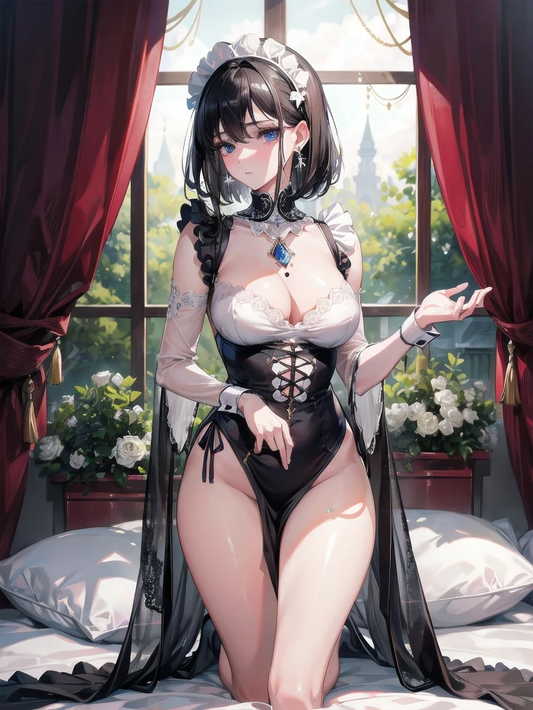 absurdres, RAW photo, extremely delicate and beautiful, masterpiece, Best Quality, ultra high resolution, 32k, hyperrealistic, ultra-detailed, delicate facial features, beautiful detailed woman, tearful mole, earring, medium breasts, full body shot, medium hair, black hair, maid costume,