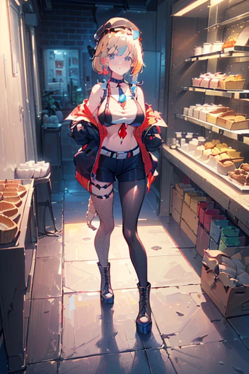 (perky chest:1.2), (pointed chest:1.2),(((Black Tunic:1.3))),(((cakes and bread in the basket),Cute and beautiful girl,masterpiece、highest quality、Very detailed、Beautiful fine details、One Girl、Detailed landscape、Training gym Room Background:1.4、Braided Ponytail、Red camisole、((B cup breasts, Tank top showing underboob:1.3)), black jacket, thigh strap, bangs, necktie, earrings, nail polish, fishnet pantyhose, multicolored hair, looking at viewer, full body, bottle, own hands together, belt, food, animal on head, black necktie, ring, choker, english text paper:1.2, collared shirt, blue eyes, platform boots, hat,lace-up boots ,
