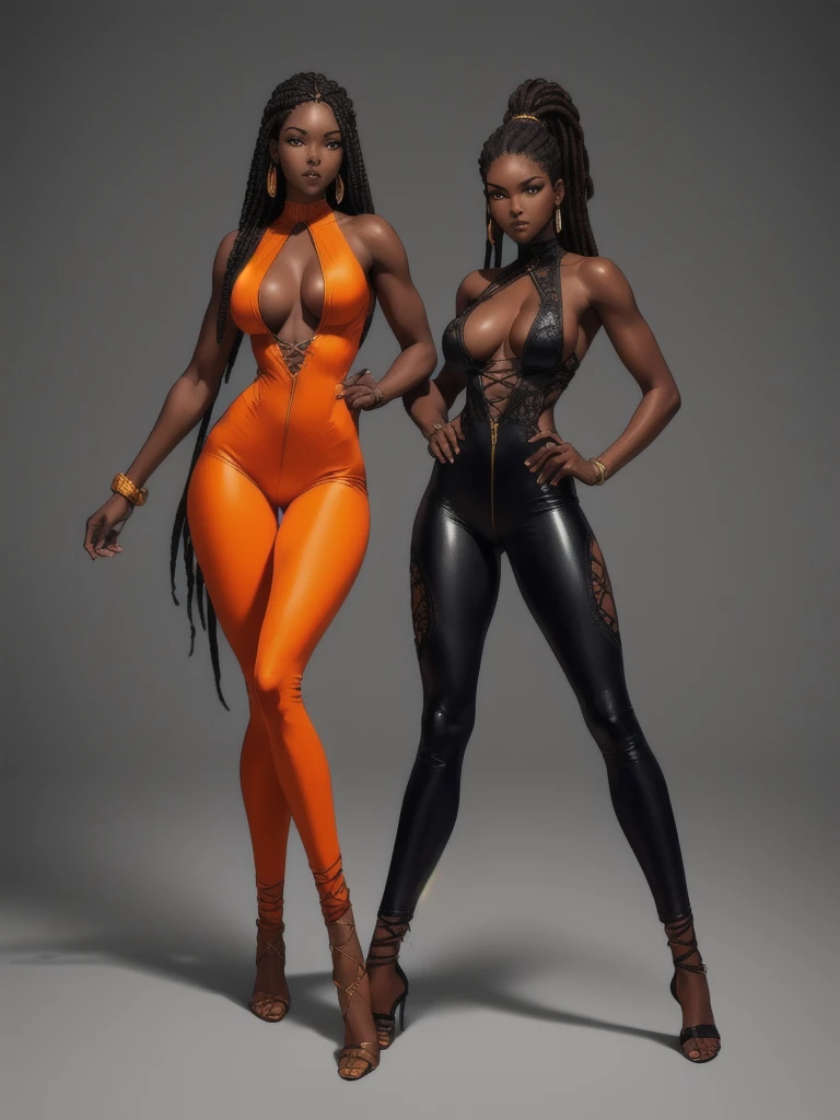 ((best quality)), ((4k)), ((highres)), ((masterpiece:1.2)). ((detailed)), ((ultra realistic)), ((intricate details)), ((full body picture)), ((solo character)), a full body picture of a beautifull Ebony skinned female, black woman, dark skin, ebony princess, ebony model, perfect face, detailed eyes, detailed lips, about 25 years old, about 5'7 ft. tall, long thin dreadlocks down to her hips, ((emphasis on her long thin dreadlocks down to her hips)), pretty, feminine woman, toned body but not too muscular looking, hourglass figure, dressed in a skin-tight sleeveless full body orange jumpsuit, ((emphasis on the skin-tight sleeveless full body orange jumpsuit)), gold adornments, showing cleavage, glamorous, strappy lace up high, fighting game character concept art, tekken character design, the king of fighters character concept, full bofy, full body concept art, full body art
