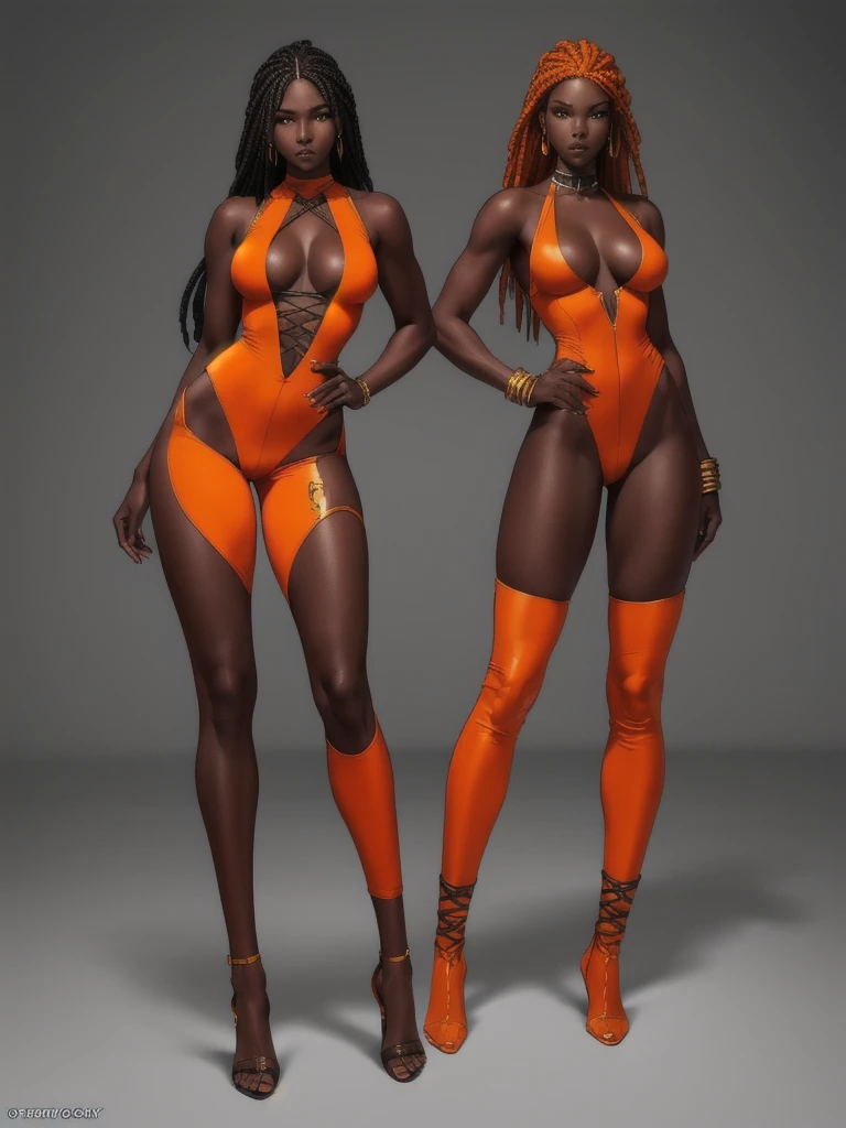((best quality)), ((4k)), ((highres)), ((masterpiece:1.2)). ((detailed)), ((ultra realistic)), ((intricate details)), ((full body picture)), a full body picture of a beautifull Ebony skinned female, black woman, dark skin, ebony princess, ebony model, perfect face, detailed eyes, detailed lips, about 25 years old, about 5'7 ft. tall, long thin dreadlocks down to her hips, ((emphasis on her long thin dreadlocks down to her hips)), pretty, feminine woman, toned body but not too muscular looking, hourglass figure, dressed in a skin-tight sleeveless full body orange jumpsuit, ((emphasis on the skin-tight sleeveless full body orange jumpsuit)), gold adornments, showing cleavage, glamorous, strappy lace up high, fighting game character concept art, tekken character design, the king of fighters character concept, full bofy, full body concept art, full body art
