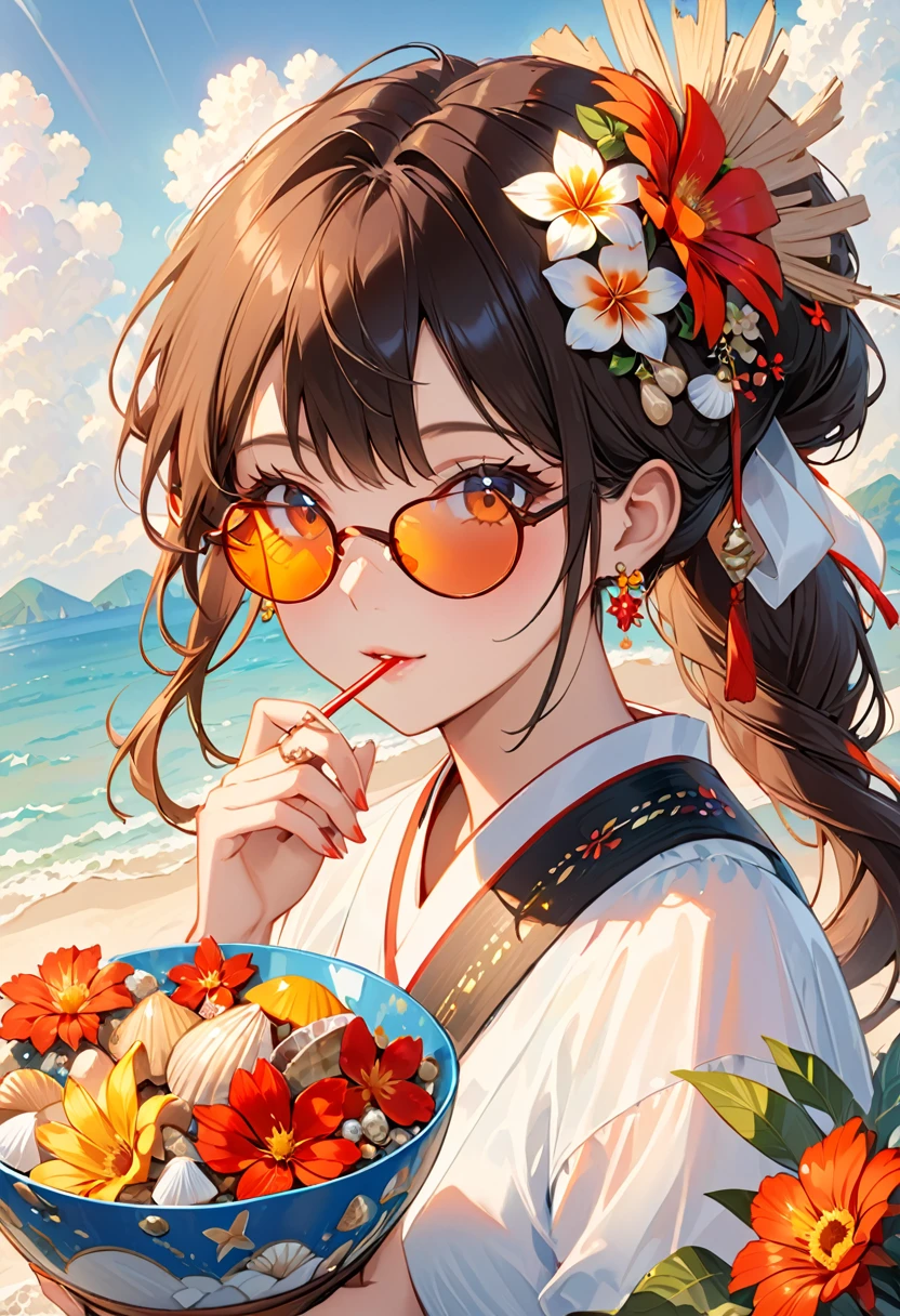 nonsense, height, have a lot of details, 1 girl, alone, ดวงตาที่have a lot of details, starfish, seashell, shell, flower, have, hair decorations, decorations, straw have, look at viewer, sunglasses, have flower, drinking straw, Hair clips, earrings, red flower, Tinted glasses, yellow flower, smooth, English Text, colorful hair, orange flower, black hair, ring, bowl, long hair, orange-Tinted glasses, food, brown hair, Portrait, shell hair decorations