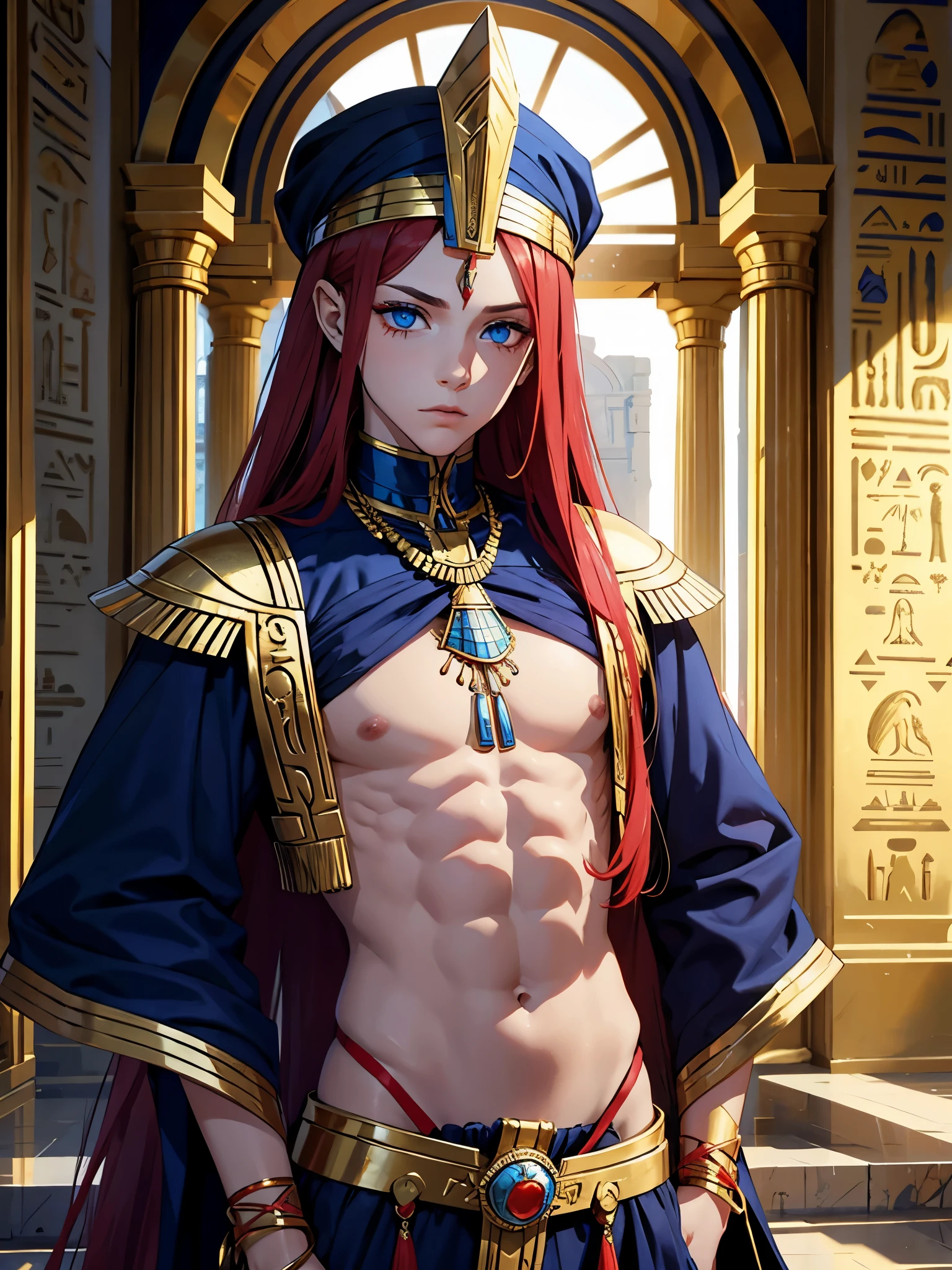 Egyptian deity Seth. . long red hair, Lots of jewelry. light skin. blue eyes. Rotes Make Up. Sweet boy. boy. narrow.