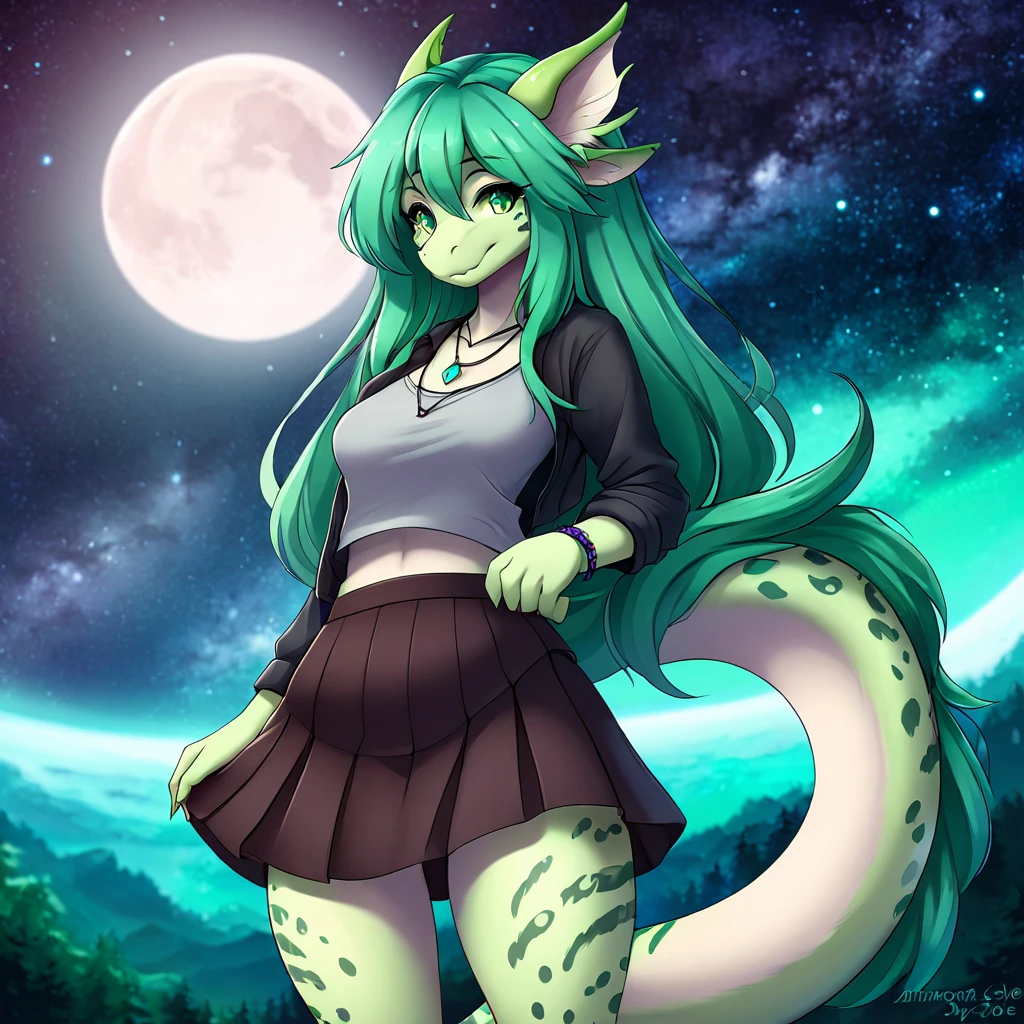 anime style, furry female dragon, anthropomorphic green with light green spots and turquoise stripes, galaxy background, full body photo, moon pendant necklace, long dark green hair and casual clothes with mini skirt