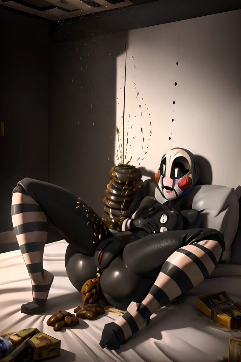  Cute robot puppet girl (black and white striped thich high socks, black bodysuit, painted face, black eyes, rosey cheeks, large ass, puffy asshole) with hyper feces anal, urine, feces everywhere, scat, peeing, bed wetting, spread legs, shitting pants, hands on breasts, exposed pussy, (cinematic colors, cinematic lighting, incredible detail, 16k resolution, shit everywhere