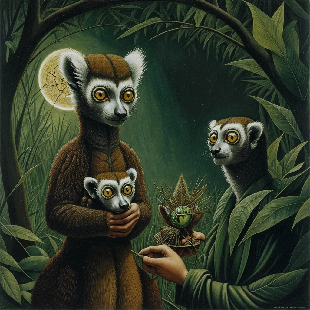 A strange lemur with a large head and huge green eyes: his body is small compared to his head, in his hands he is holding insects. In the Remedios Varo pictorial style. 