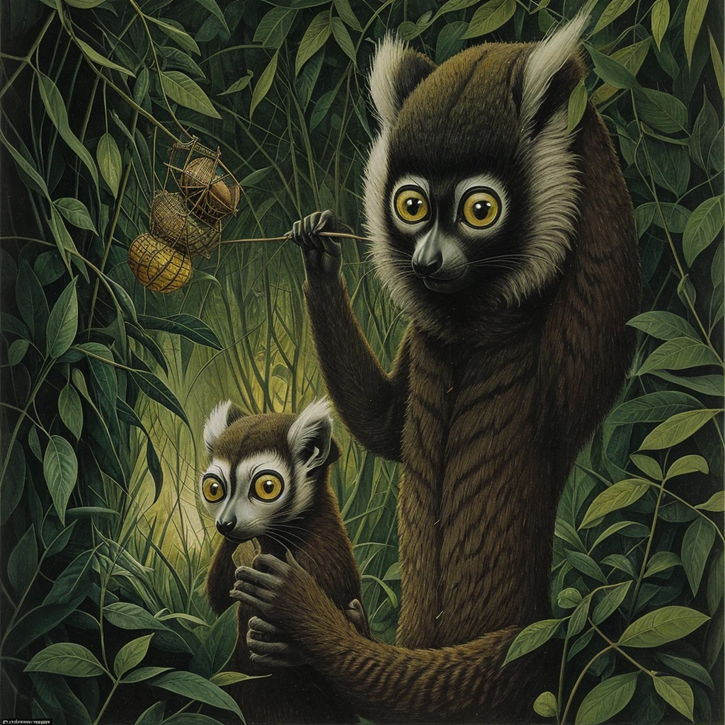 A strange lemur with a large head and huge green eyes: his body is small compared to his head, in his hands he is holding insects. In the Remedios Varo pictorial style.
