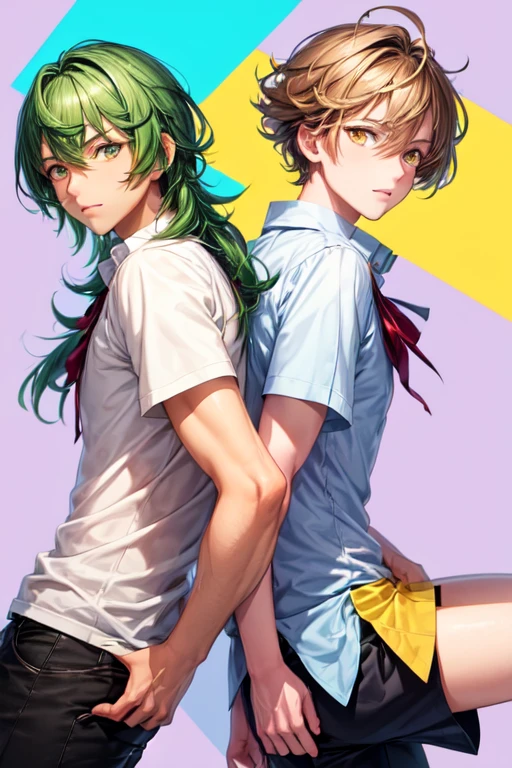 two mens, one is 30 years old,is high, has green hair and yellow eyes and the other is 25 years old, has light brown hair and yellow eyes, both are wearing school clothes, lilac background