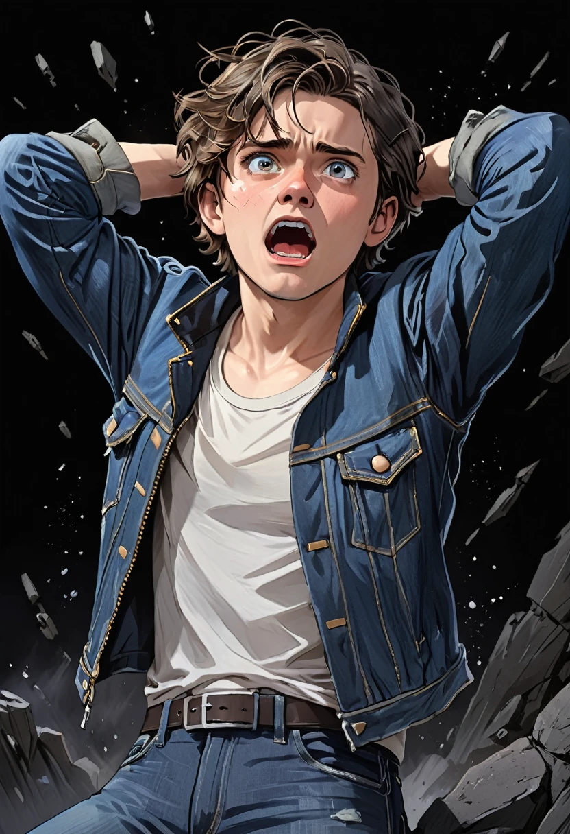 Anakin Skywalker, man, defined body, round face, short hair, hair back, messy front hair, black hair, Sapphire blue eyes, small nose, small lips, soft jaw, denim jacket, simple black high-neck t-shirt, blue jeans, exhausted expression, falling into a bottomless precipice, looking at the sky, black background, view of the face