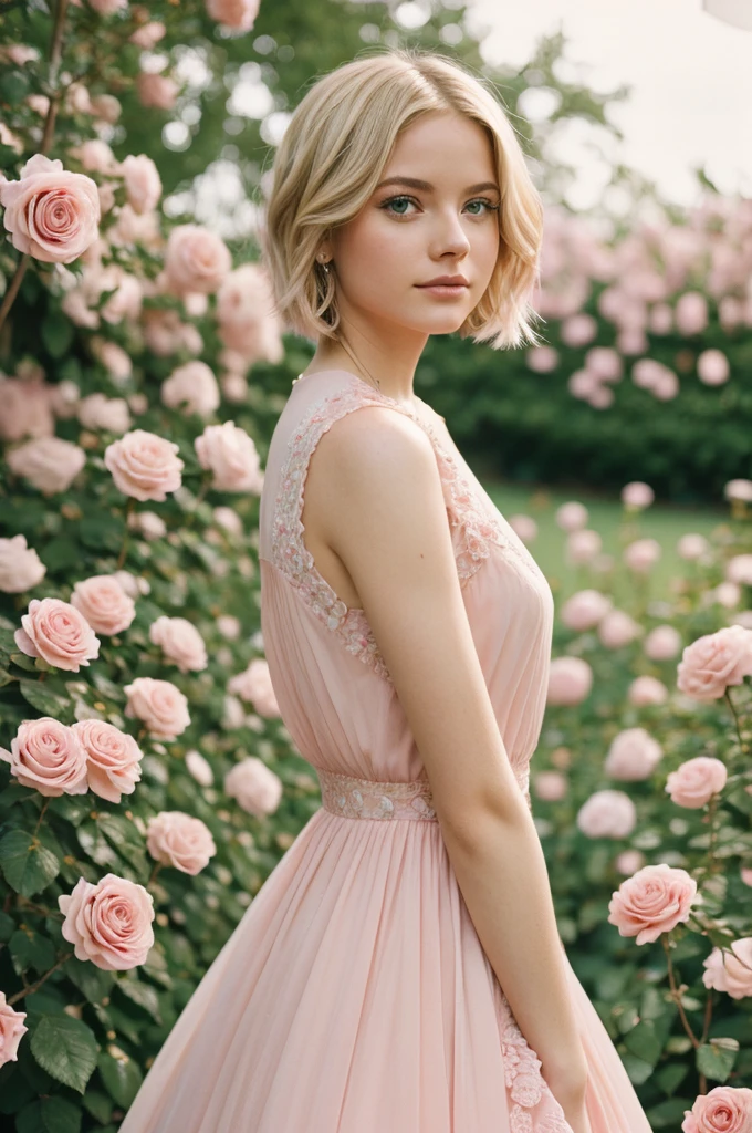 8k, photo and gross, fujifilm, Style photography of a beautiful young girl like Avril in a light pink rose garden. (very detailed skin: 1.2) Style-Petal BREAK short hair, blonde hair with colored highlights, wearing a dress, film grain, 35mm, beautiful style