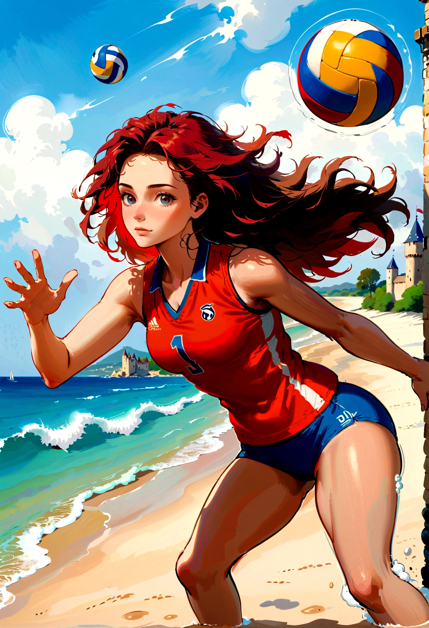 a masterful paint made by Rembrandt of a ((woman playing volleyball: 1.3) on an on coast of the Loir river, an extraordinary beautiful ((renaissance woman: 1.3)), full body, long hair, wavy hair, dynamic hair color, dynamic eye color, ((anatomically correct: 1.5)) playing volleyball, in a beautiful beach on the Loir river, best detailed face, a French medieval castle on the river bank in the background, Ultra-high resolution, High Contrast, (masterpiece:1.5), highest quality, Best aesthetics), best details, best quality, highres, 16k, [ultra detailed], masterpiece, best quality, (extremely detailed), Intense gaze, chumbasket art style, style of Rembrandt