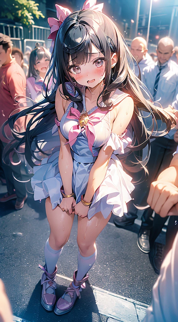 One Woman,20-year-old,((Magical Girl Costume)) ,(((Blushed))), )), ((()))((Mouth open)),(((Magical Girl Costume))(Happy Ahegao),Wet with sweat,(Black-haired,),((street,crowd,))(())