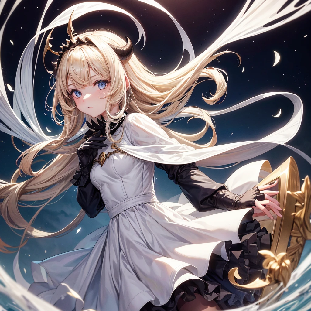 Dessins majestueus,delicat,epic,haute qualité, d'une jeune fille demone,avec des corne noir sur le front,une de chaque coter du front,oeil blanc,pas de pupille,cheveux blond, levre rose,neutre,teint de peau pale,habiller d'une robe blanche, serrant entre ses mains,une peluche ours,embiance douce,paradisiaque,dans un champs de fleur infinie.