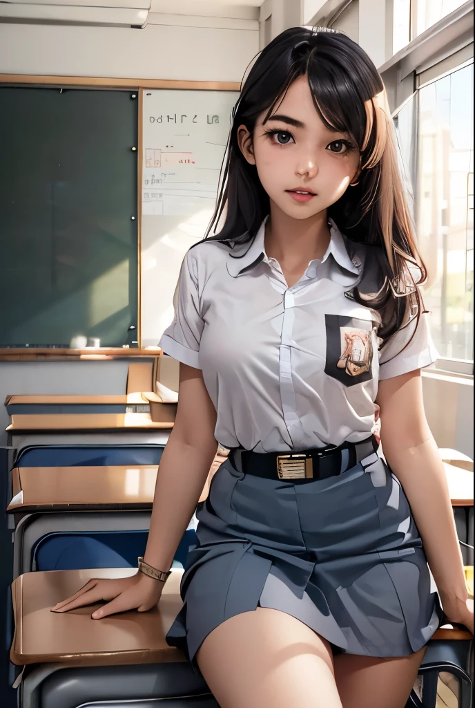 (masterpiece, best quality), 1girl, 1girl, cewe-sma, white shirt, gray skirt , belt, class room