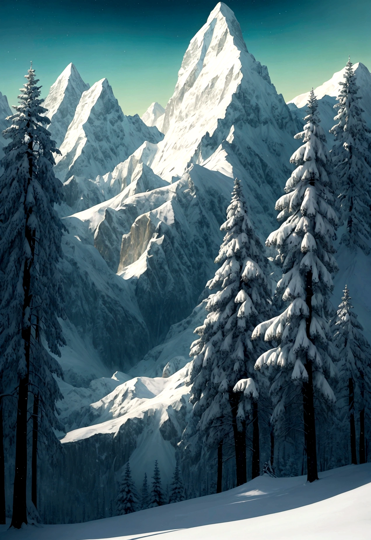 In a timeless, enchanted realm, majestic forests stand tall against looming mountains. Ancient trees are cloaked in a tapestry of emerald leaves, while snow-capped peaks pierce the sky. This mesmerizing painting captures the essence of a classic fantasy world, transporting viewers to a land of magic and wonder. The intricate details and vibrant colors evoke a sense of breathtaking beauty and unparalleled craftsmanship, making it a truly captivating masterpiece.