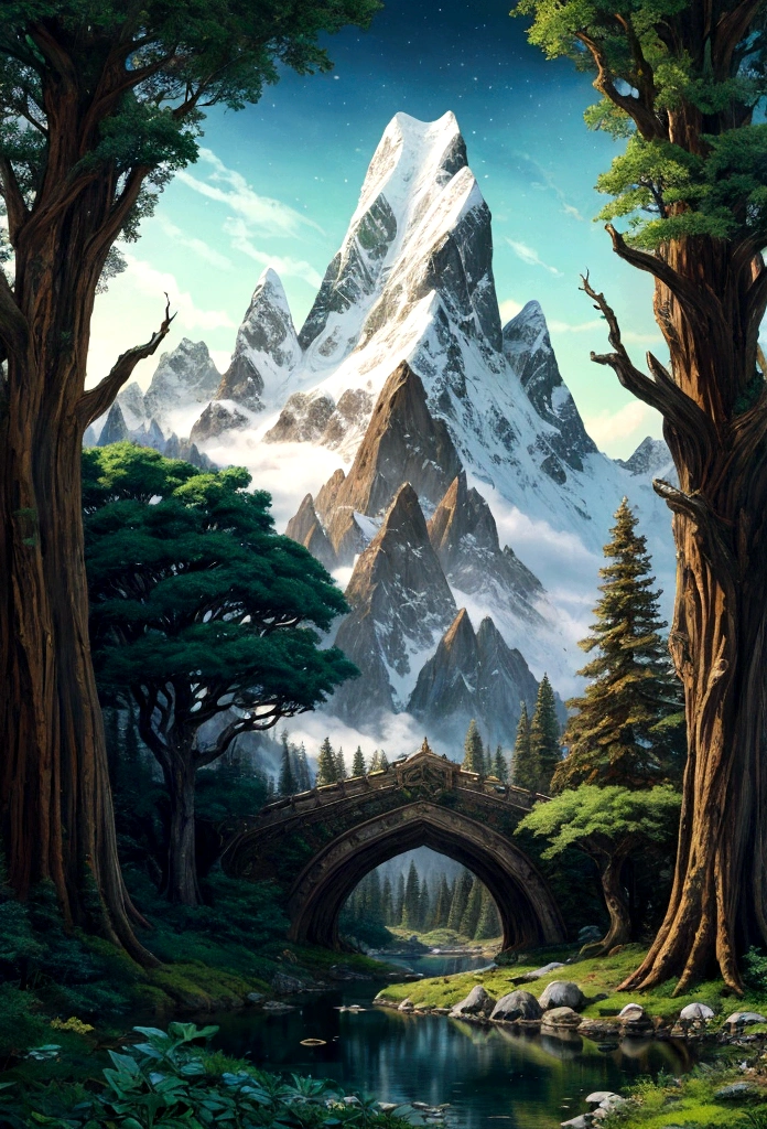In a timeless, enchanted realm, majestic forests stand tall against looming mountains. Ancient trees are cloaked in a tapestry of emerald leaves, while snow-capped peaks pierce the sky. This mesmerizing painting captures the essence of a classic fantasy world, transporting viewers to a land of magic and wonder. The intricate details and vibrant colors evoke a sense of breathtaking beauty and unparalleled craftsmanship, making it a truly captivating masterpiece.
