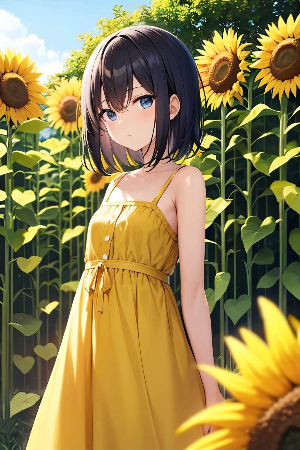 anime girl with short shoulder-length hair, wearing a summer dress, against the background of a sunflower garden