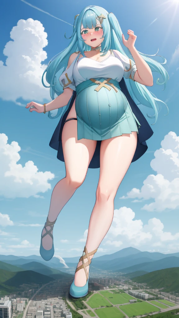 Giant maiden,Moe two-dimensional style,Pregnancy status,Round belly,Gaze at the bustling city, Lying down, Burp, Burping, Really loud burp, Growling belly, Belly noises, Embarrassed, Full body