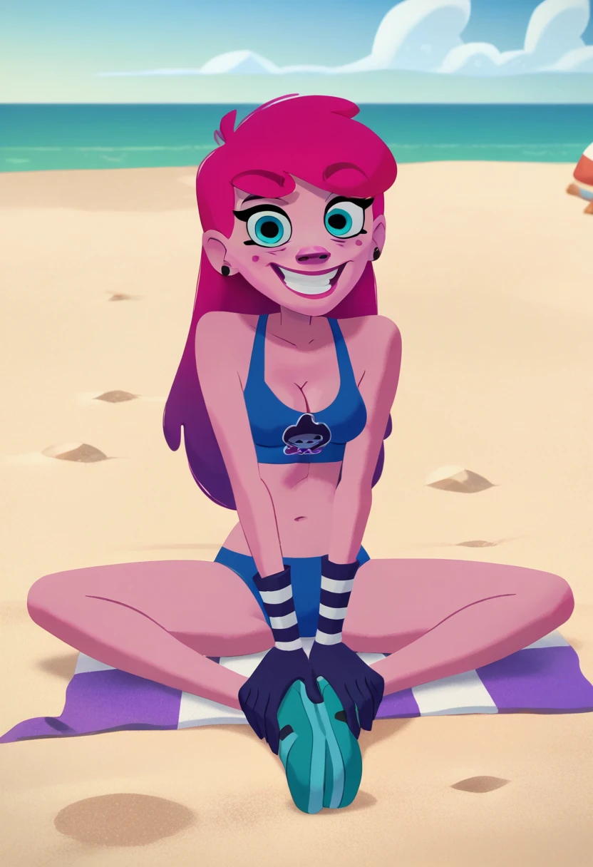 AnyMalu, 1girl, gloves, solo, earrings, blue eyes, pink hair, jewelry, long hair, makeup, sitting on sand, on beach, aqua footwear, black gloves, full body, looking at viewer,outdoors, cleavage,, score_9, score_8_up, score_7_up, score_6_up blue bikini, happy