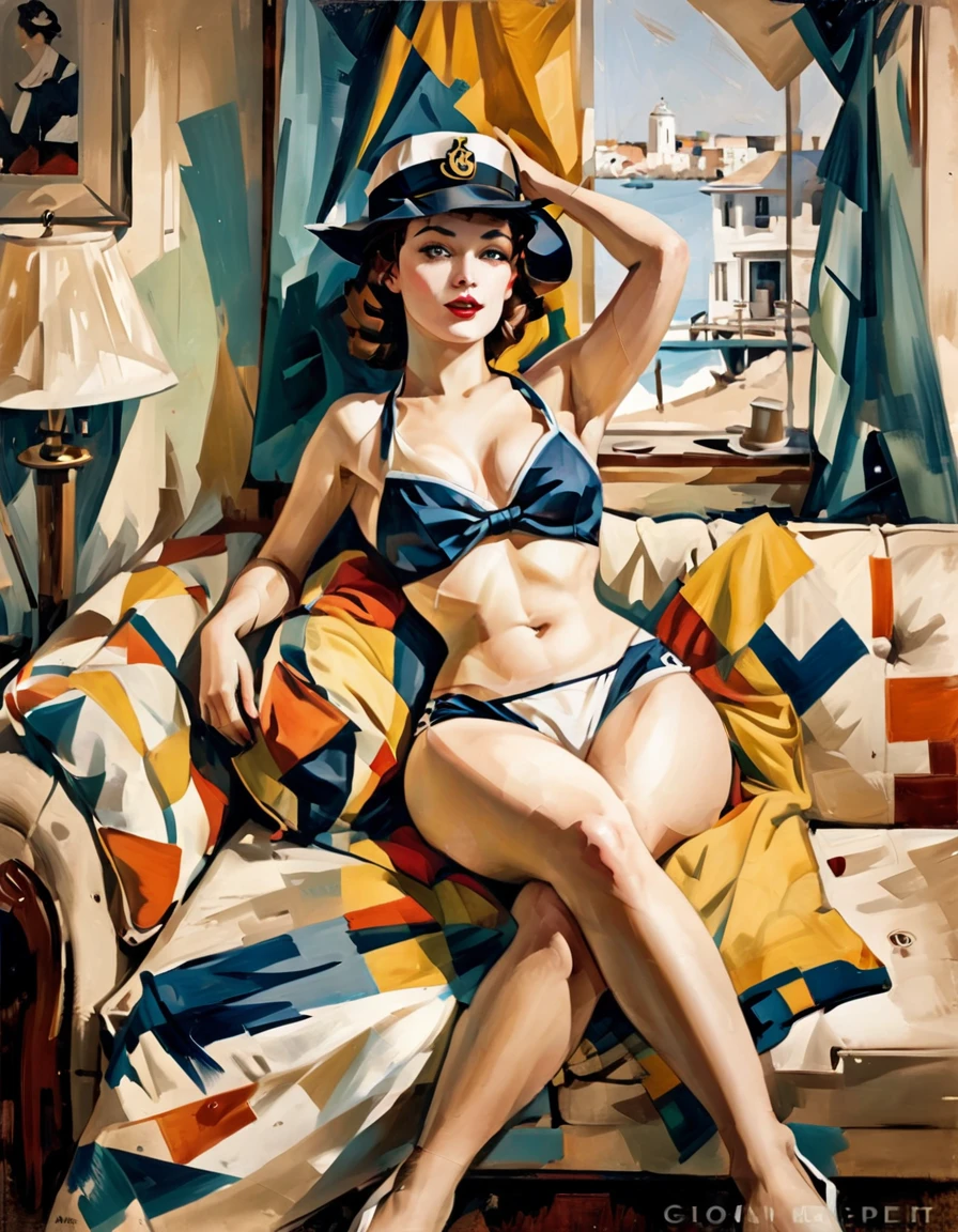 Retro vintage art print, sexy, glamorous pin-up girl wearing a sailors hat, bikini, A painting of a woman wife ((golden ratio}} laying on the sofa after a long night on the town, a  painting, a Beautiful expressive painting, malcolm liepke painting, glossy painting, beautiful digital painting, digital art painting, Fine paintings, monochromatic. malcolm liepke oil painting, impressionist painting.Spread your legs apart, beautiful and delicate face, fair skin