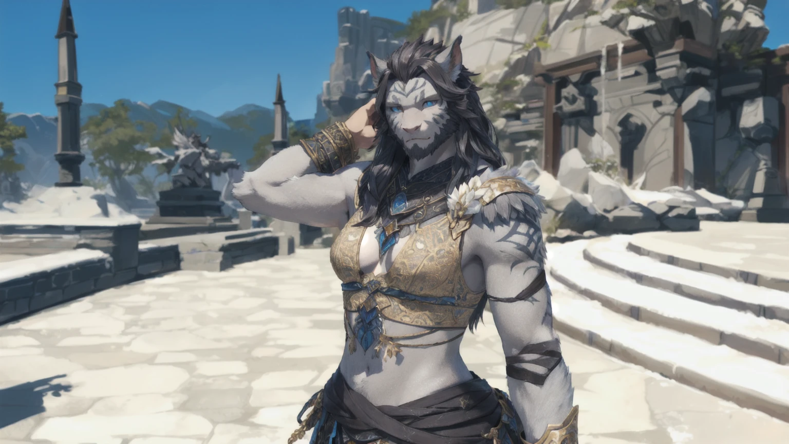 Hrothgar Final fantasy 14, feminine, pale grey skin