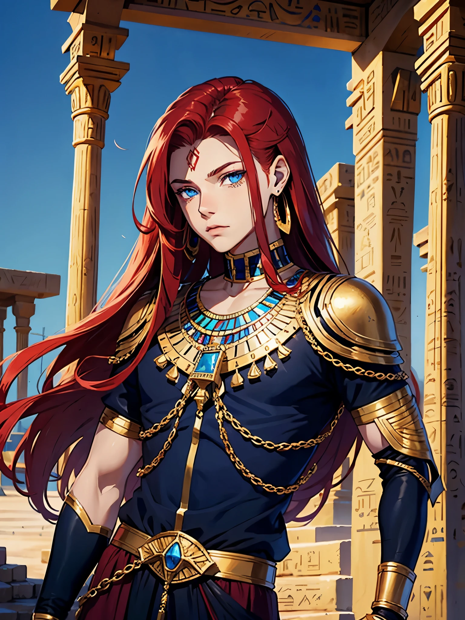 Egyptian deity Seth. Teenager. long red hair, Lots of jewelry. light skin. blue eyes. Rotes Make Up. Sweet boy. boy. narrow.
