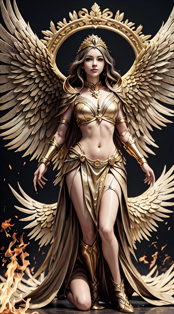 Painting of a woman with wings and a halo standing in front of a fire, with fiery golden wings de llamas, Goddess of Fire, Goddess of wrath, with fiery golden wings, appears as the goddess of fire, Sacred Fire Spell Art, tall female angel, Goddess of Fire, full - body majestic angel, Goddess of light, Artgerm Julie Bell Beeple, Holy Flame Spell, Vibrant color palette game and super intricate great shadows, matte paint, minutely detailed, fine and delicately detailed, Delicately detailed unreal engine with intricate octane, detailed background in microminutes, enhanced 3D complexities, Perfect and super detailed 8K composition, rule of thirds, motionVFX, Sony Pictures Animation, The Foundry VFX, immensely perfect, perfectly detailed, intricately defined, definitely real, Truly realistic, Realistically epic, by Satori Canton, photography by alberto seveso