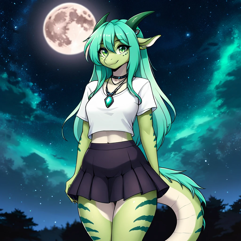 anime style, furry female dragon, anthropomorphic green with light green spots and turquoise stripes, galaxy background, full body photo, moon pendant necklace, long dark green hair and casual clothes with very short mini skirt and a cropped shirt