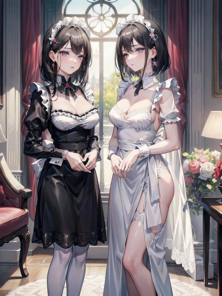 absurdres, RAW photo, extremely delicate and beautiful, masterpiece, Best Quality, ultra high resolution, 32k, hyperrealistic, ultra-detailed, delicate facial features, beautiful detailed woman, tearful mole, earring, medium breasts, full body shot, medium hair, black hair, maid costume,
