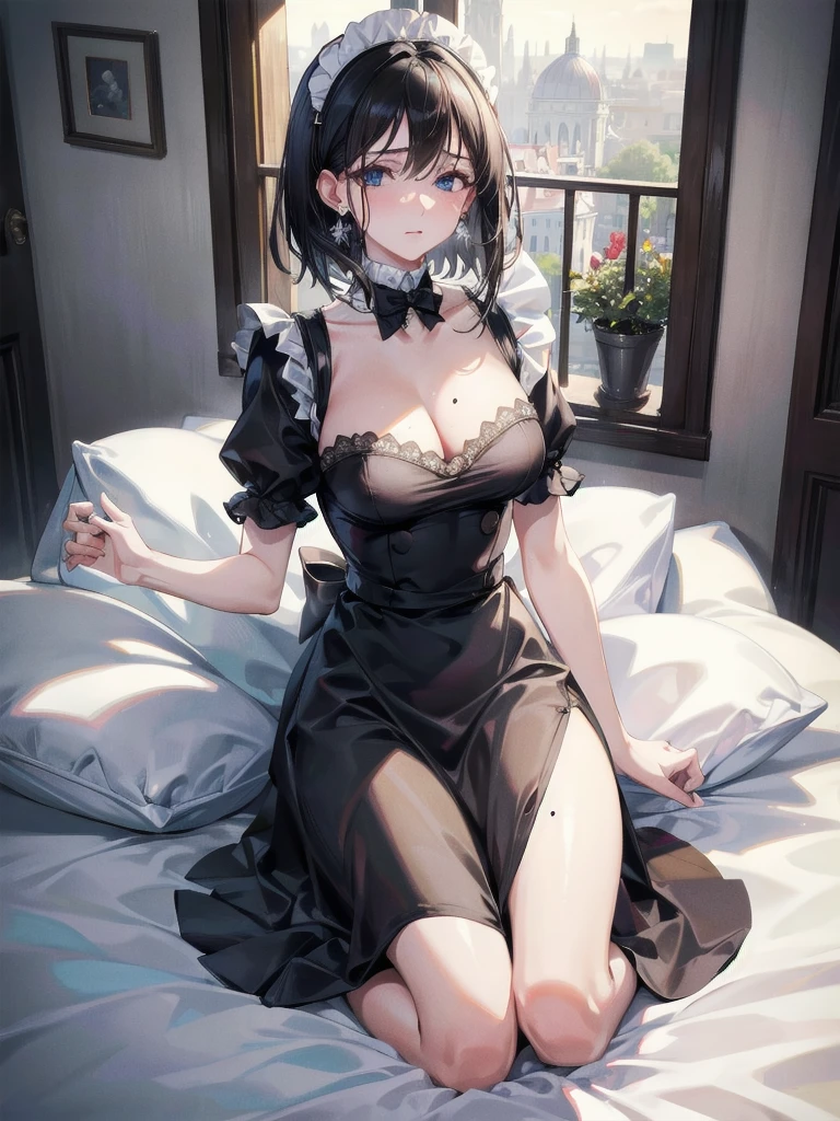 absurdres, RAW photo, extremely delicate and beautiful, masterpiece, Best Quality, ultra high resolution, 32k, hyperrealistic, ultra-detailed, delicate facial features, beautiful detailed woman, tearful mole, earring, medium breasts, full body shot, medium hair, black hair, maid costume,