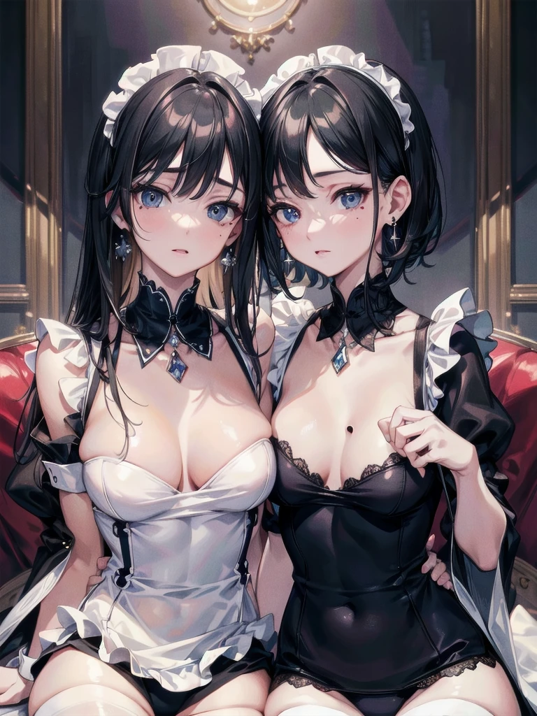 absurdres, RAW photo, extremely delicate and beautiful, masterpiece, Best Quality, ultra high resolution, 32k, hyperrealistic, ultra-detailed, delicate facial features, beautiful detailed woman, tearful mole, earring, medium breasts, full body shot, medium hair, black hair, maid costume,