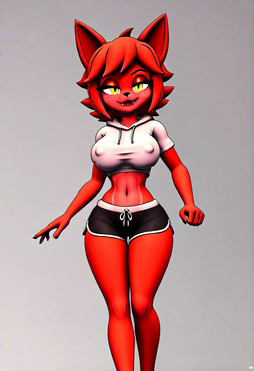 (Best quality, masterpiece1.2), 1 girl, One, antro, Kalli3d, fax, Red hair, red body, fox ears, cropped hoodie, jogging shorts, jogging, sexual, detailed, extreme detail, perfect lighting, 4K, ultra fine painting, bright colors, inviting pose, gentle face, fang, bald tail, beautiful art, confident atmosphere, beautiful art, freckles, thin lip gloss, 