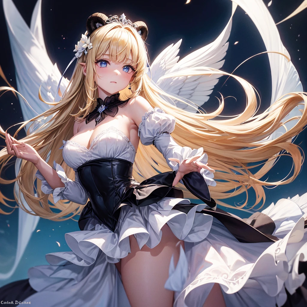 Dessins majestueus,delicat,epic,haute qualité, d'une demone,avec des corne noir sur lent,une de chaque coter du front,oeil blanc,pas de pupille,cheveux blond, levre rose,neutre,teint de peau pale,habiller d'une robe blanche, serrant entre ses mains,une peluche ours,embiance douce,paradisiaque,dans un champs de fleur infinie.