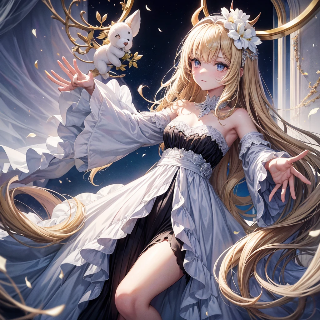 Dessins majestueus,delicat,epic,haute qualité, d'une jeune fille demone,avec des corne noir sur le front,une de chaque coter du front,oeil blanc,pas de pupille,cheveux blond, levre rose,neutre,teint de peau pale,habiller d'une robe blanche, serrant entre ses mains,une peluche ours,embiance douce,paradisiaque,dans un champs de fleur infinie.