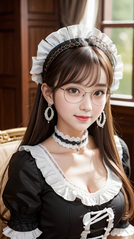 Ultra-high resolution, Superior Quality, Highest quality, Very detailed, Realistic, 8K, RAW Photos, Highest quality, masterpiece, Attractive girl, Awesome girl, Brown Hair, double bun, Asymmetrical bangs, J-POP Idol, Sophisticated, stylish, Black and white gothic ta maid outfit,Luxury hotel lounge, smile:1.1、Bust up shot、Small breasts、Detailed eye resolution、Earrings、Black choker、Headdress、Round Glasses