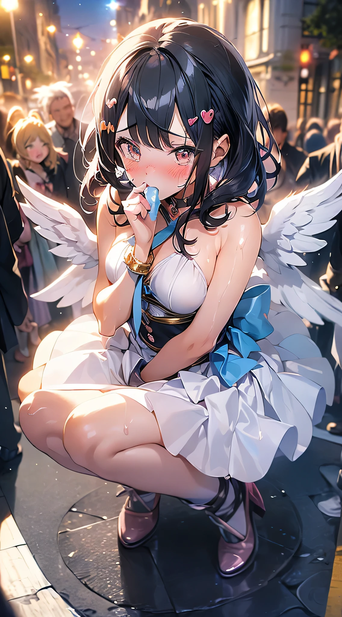 One Woman,20-year-old,((Magical Girl Costume)) ,(((Blushed))), )), ((()))((Mouth open)),(((Magical Girl Costume))(Happy Ahegao),Wet with sweat,(Black-haired,),((street,crowd,))(())