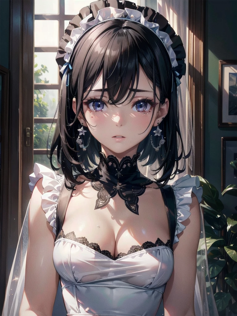 absurdres, RAW photo, extremely delicate and beautiful, masterpiece, Best Quality, ultra high resolution, 32k, hyperrealistic, ultra-detailed, delicate facial features, beautiful detailed woman, tearful mole, earring, medium breasts, full body shot, medium hair, black hair, maid costume,
