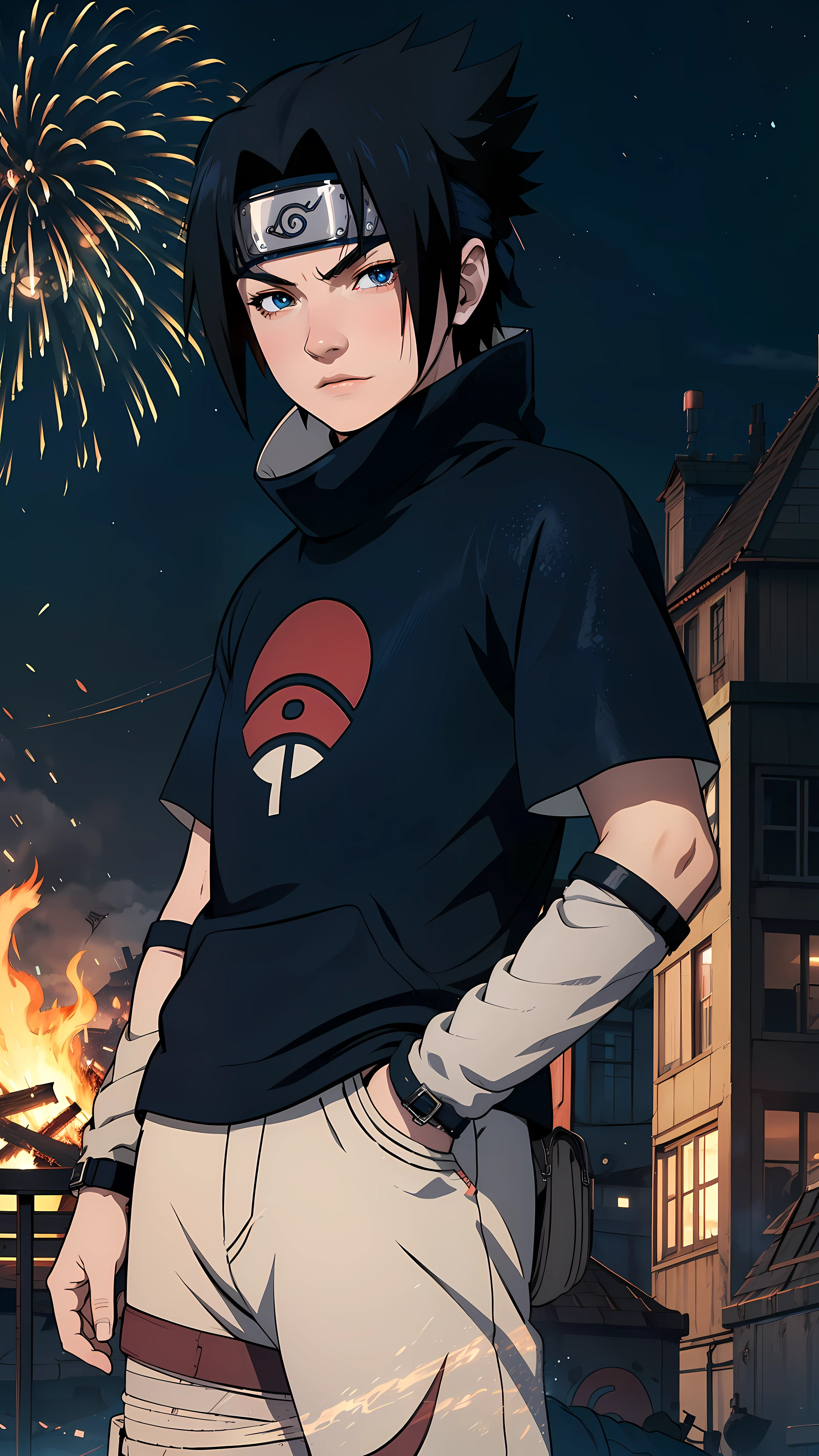 1 boy, Sasuke Uchiha, wearing a black t shirt , Uchiha mark on t shirt , red glowing detailed eyes, bonfire night, best quality, 3D figure, octane rendered, 24K resolution, extremely detailed