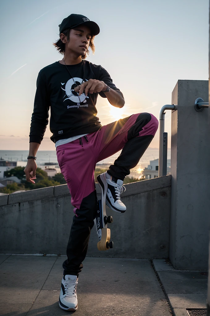 A striking, dynamic illustration captures a silhouetted skateboarder soaring through the air, executing a seamless trick against the mesmerizing backdrop of a sunset. The sun, portrayed with a one-of-a-kind gradient effect, transitions from a deep purple at the top to a delicate pink at the bottom, bathing the scene in a tranquil radiance. The skateboarder dons a cap and headphones, emphasizing their effortless cool. The minimalist design accentuates the skateboarder's silhouette and the breathtaking sunset, while graffiti-like elements, urban architecture, and a cinematic ambiance add depth and richness to the scene. Bold lines and shading, akin to a 3D render, harmonize with expressive typography and vibrant pops of color, creating a capt