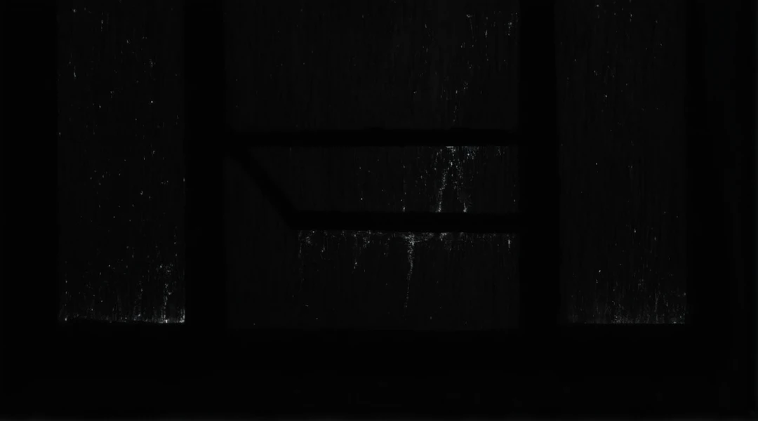 a close up of a window with a rain curtain on it, window ( rain ), dark eerie movie frame, background ( dark _ smokiness ), black ambient background, dark glowing rain, very dark background, in an empty black room, dark scene with dim light, 8 k. volumetric lighting. dark, grainy black and white footage, vhs static overlay
