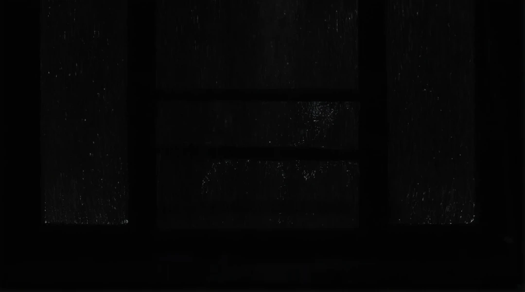 a close up of a window with a rain curtain on it, window ( rain ), dark eerie movie frame, background ( dark _ smokiness ), black ambient background, dark glowing rain, very dark background, in an empty black room, dark scene with dim light, 8 k. volumetric lighting. dark, grainy black and white footage, vhs static overlay
