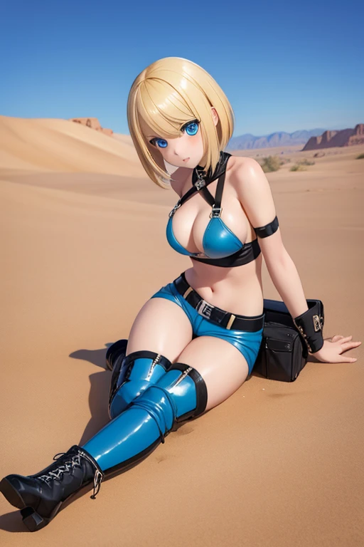 Highest quality,Highest Resolution,(((hot pants　boots)))　Metal Max 2:Reloaded　Lena　gun　Blonde　short　Blue Eyes　C Cup　15 years old　end of the century　desert　Blowjob