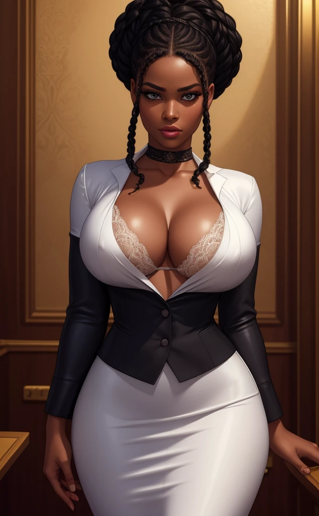 a beautiful black woman in a white silk shirt with a deep v-neck, wearing a business suit, a red lace bra peeking through, and a pencil skirt, with black afro cornrows hairstyle, (best quality,4k,8k,highres,masterpiece:1.2),ultra-detailed,(realistic,photorealistic,photo-realistic:1.37),intricate details,dramatic lighting,chiaroscuro,high fashion editorial,glamorous,cinematic